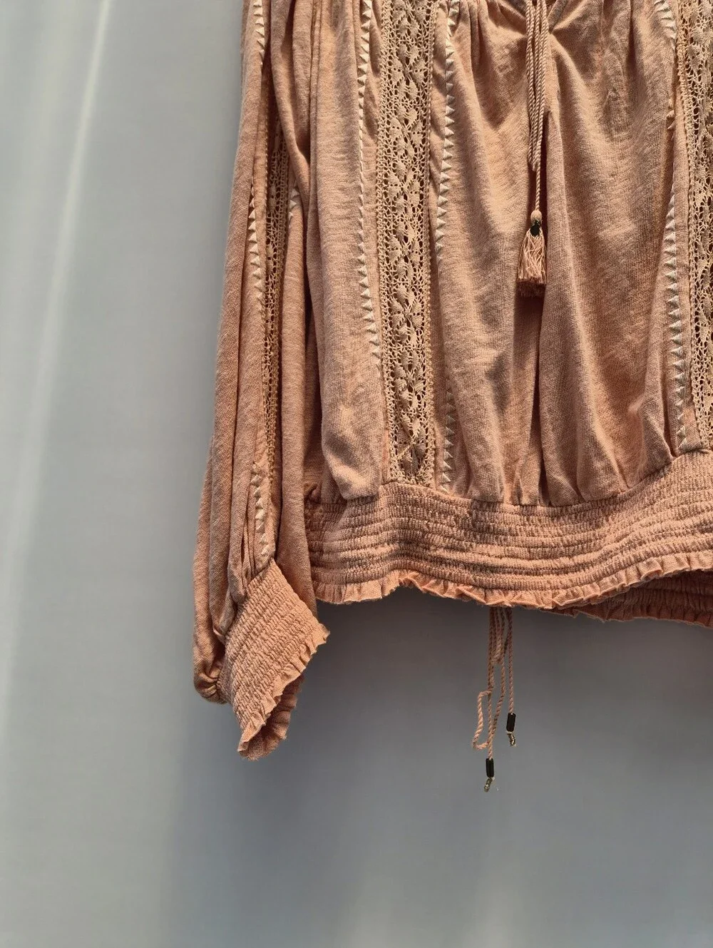 Free People Silverlake Peasant Blouse Large Peach Fairycore 70s Boho Chic Lace